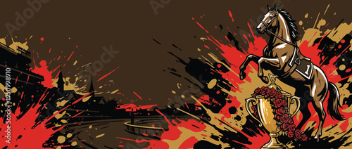 Galloping Horse Illustration with Rose Adorned Gold Trophy at Racetrack Background