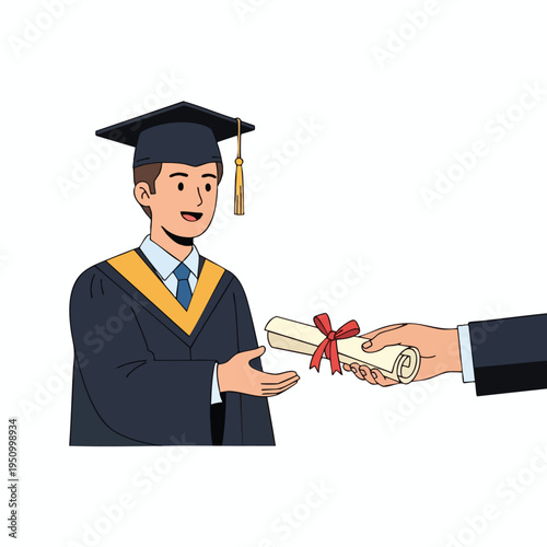 Graduating student in cap and gown receives diploma from another person