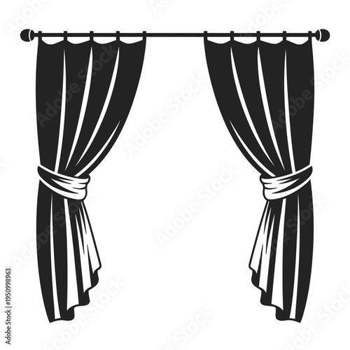 Black and white striped curtains tied with sashes on a rod