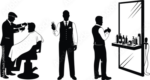 Barber Cutting Hair and Grooming Client Silhouette Vector Illustration Barbershop Scene with Mirror Chair Tools Professional Hairdresser Service Concept