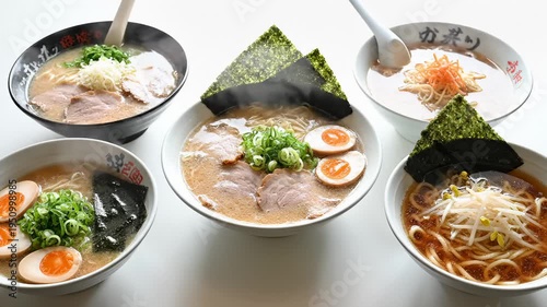 Five Bowls of Delicious Ramen Noodles With Pork, Eggs, and Seaweed, Steaming Hot