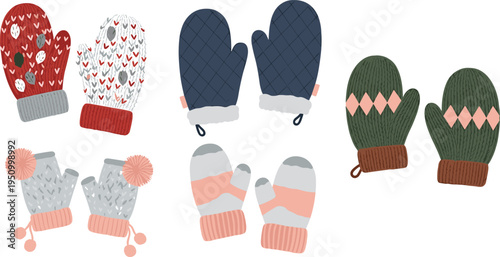 Hand-Drawn Cozy Winter Mittens with Patterns, Pom-Poms, and Quilted Designs for Holiday, Seasonal, and Winter-Themed Illustrations.