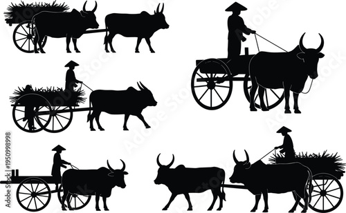 Traditional ox cart silhouette vector, rural agriculture transport with farmer, ancient bullock wagon and harvest scene
