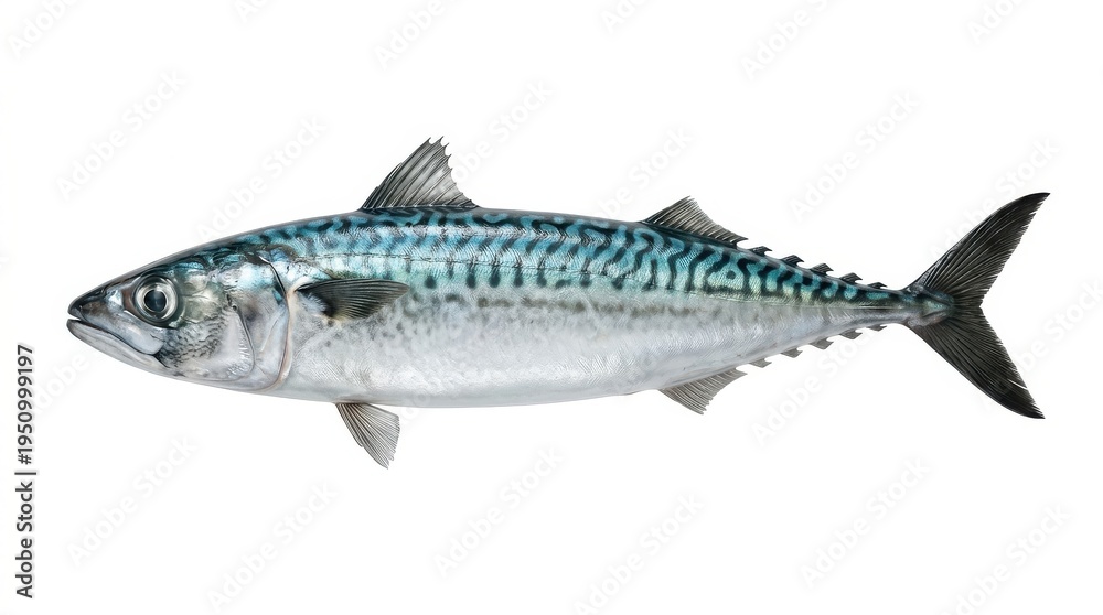 Fototapeta premium A single fresh atlantic mackerel fish, depicted in a realistic studio shot with a clean white background, highlighting its vibrant blue and silver scales.