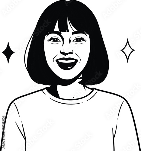 A smiling young girl with a short bob haircut and sparkles