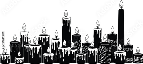 Burning Candle Collection Silhouette with Dripping Wax and Flames, Decorative Candlelight Set for Holiday, Spiritual and Romantic Atmosphere