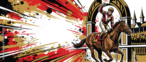 Horse Racing Victory Dynamic Bold Artwork with Jockey and Finish Line