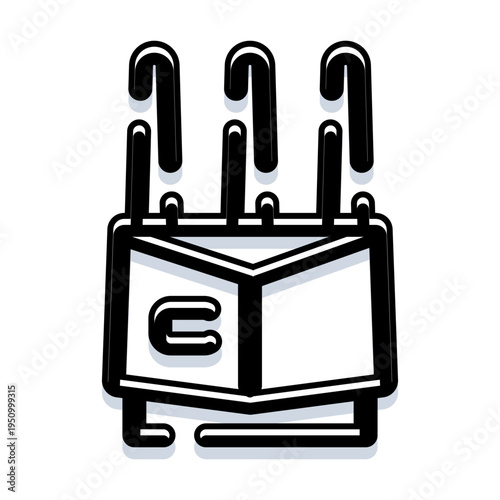 Black outline calendar icon featuring a monthly view with pages turning, representing organization, time management, and daily scheduling with important appointments and reminders