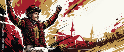 Jockey Champion Celebrating Victory at the Track with a Garland of Roses