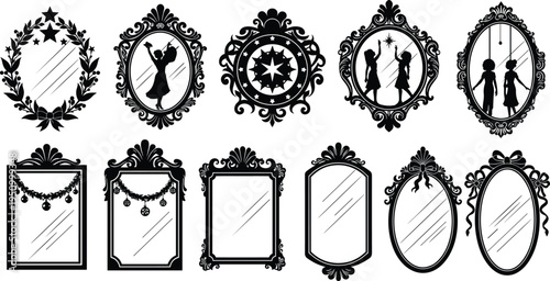 Collection of vintage ornate mirror frames with fairy tale character silhouettes, decorative baroque style mirrors for fantasy, storybook, and elegant design.