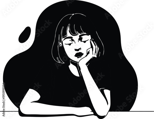 A melancholic woman with her head resting on her hand