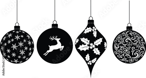 Christmas Tree Ornament Silhouette Set Vector Illustration Decorative Holiday Baubles with Snowflakes Reindeer Holly and Floral Patterns