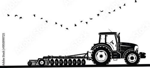 Agricultural Tractor Plowing Field Silhouette with Birds Flying Above, Farming Machinery and Rural Agriculture Cultivation Concept