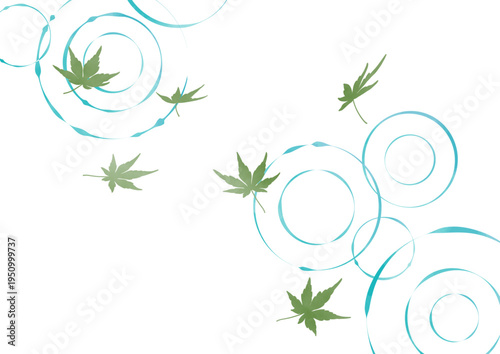 水面に浮かぶ青もみじと波紋の和柄背景・手描き水彩風・白背景・初夏のデザイン素材