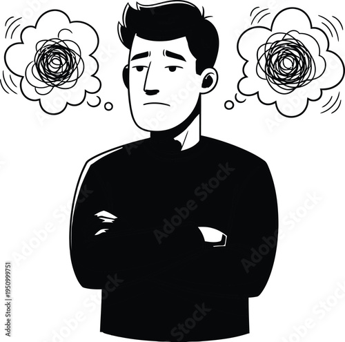 Man with thought bubbles and crossed arms