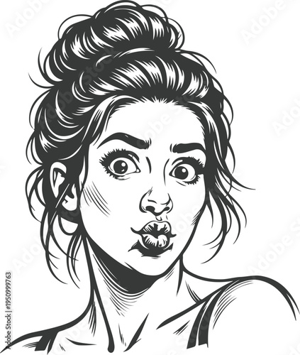 Surprised woman face vintage comic style black and white vector illustration expressive female reaction
