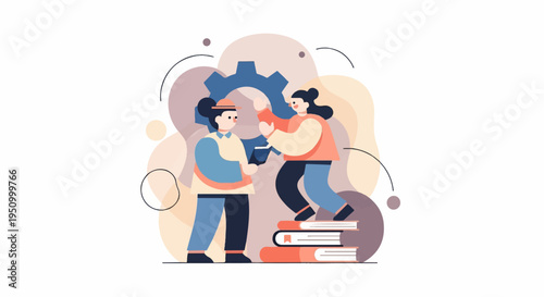 Two people collaborate with a gear and stack of books