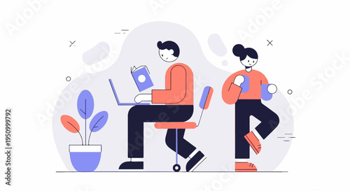 Two people engaged in different activities, one with a laptop and book, the other holding objects