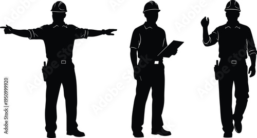 Black Silhouette Vector of Construction Site Foremen Wearing Hard Hats One Pointing One Holding Clipboard and One Walking with Radio