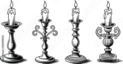 Vintage candle holder vector set, antique candlestick with burning wax flame, classical home decor engraving illustration