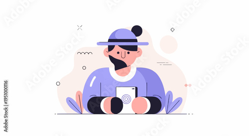 Whimsical flat illustration of a person holding a device with abstract shapes