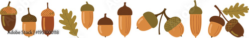 Collection of Hand-Drawn Acorns with Oak Leaves in Different Stages for Autumn, Fall, and Woodland-Themed Designs.