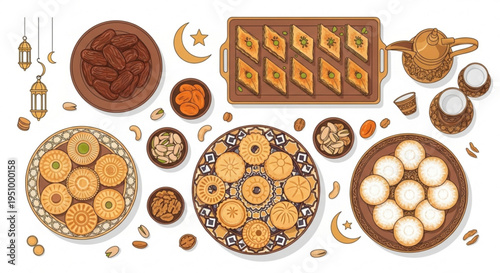 Traditional middle eastern sweets and desserts with tea ramadan cookies and pastries on decorative plates and tray surrounded by nuts and crescent moon symbols