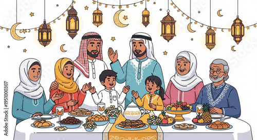 Muslim family gathering around iftar table with traditional food and decorations for ramadan celebration