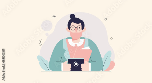 Woman with glasses holding a tablet and book, illustrated