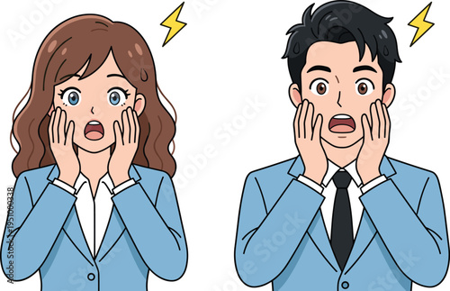 Shocked business man and woman holding cheeks with surprised expression, unexpected news reaction concept cartoon illustration