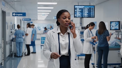 Urgent Call - Doctor on Phone in Busy Hospital Corridor.