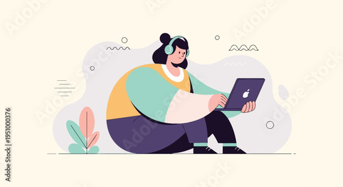 Woman with headphones uses laptop amidst abstract shapes and plants