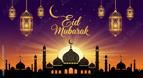 Eid mubarak greeting card with mosque silhouette at sunset lanterns and crescent moon in purple orange and yellow hues