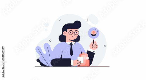 Woman with magnifying glass examining object on desk