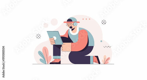 Young person with headphones using a tablet on knees with decorative elements