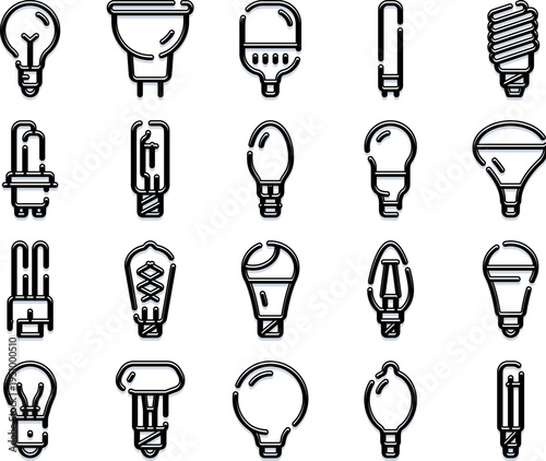 Collection of outline light bulbs displaying various shapes and forms, representing concepts of electricity, science, and smart solutions for modern illumination and energy