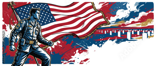 Memorial Day Soldier with American Flag Gravestones Background