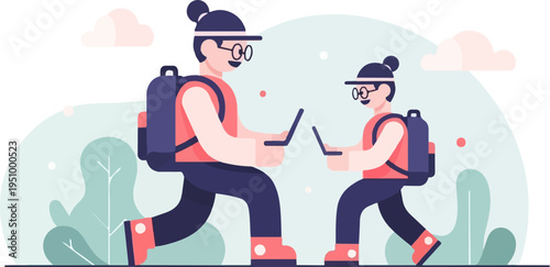 Two individuals with backpacks walk while looking at laptops