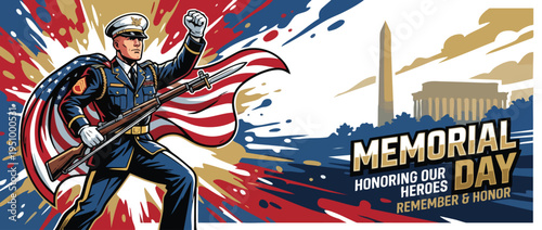 Memorial Day Banner with Honor Guard Soldier and Washington Monument