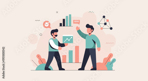 Two men analyze business growth with charts and abstract elements