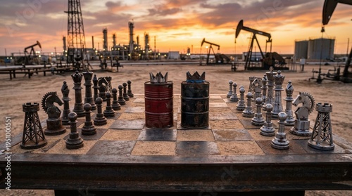 Steel and sand chessboard with oil barrels, symbolizing oil as a strategic U.S. resource shaping power, geopolitics, and energy competition