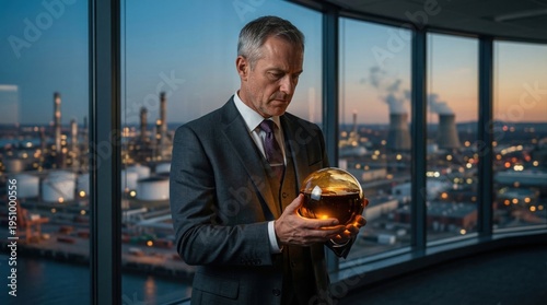 Businessman in a modern suit holding a glowing oil sphere, symbolizing oil as a strategic resource shaping energy security, geopolitics, and global economy