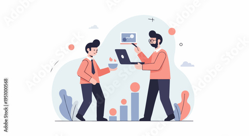 Two men collaborating with laptops and data visualization