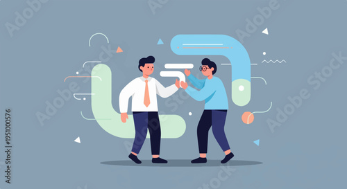 Two men in business attire in conversation amidst abstract shapes