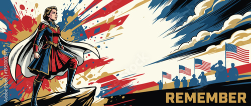 Remembrance Tribute Scene Celebrating Memorial Day with Heroic Pose Design