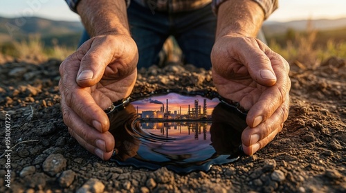 Protective hands surrounding a pool of crude oil, symbolizing oil as a strategic resource shaping energy security, geopolitics, and global economic power