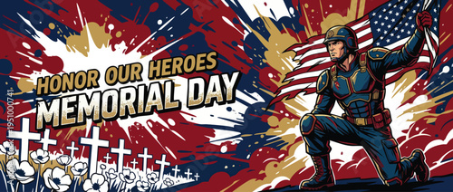 Memorial Day Soldier Honoring Heroes with American Flag and Poppies