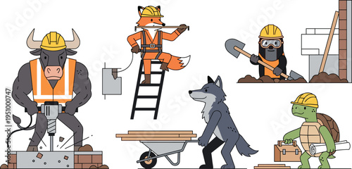 Cartoon Construction Worker Animals Including Bull, Fox, Wolf, Turtle, and Gorilla for Building and Construction Designs.
