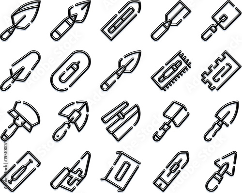 Collection of trowel and hand tool icons for construction, masonry, renovation and home improvement black outline vector set on white background for builders and tradespeople