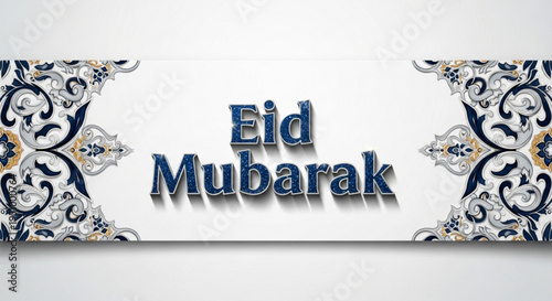 Eid mubarak greeting card with ornate floral patterns and blue text on white background for muslim holiday celebrations
